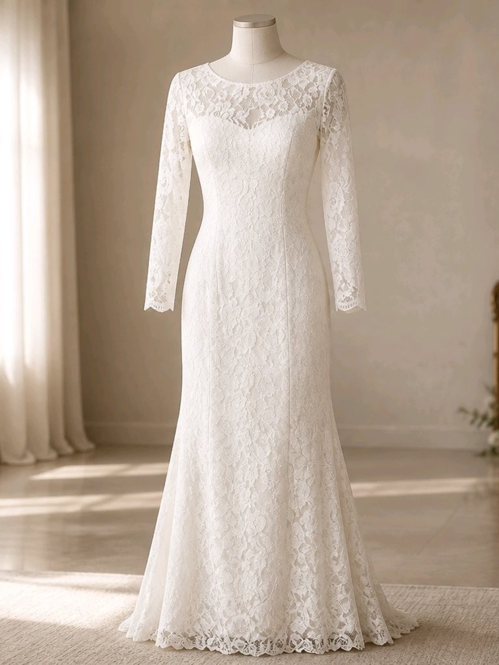 Vintage-Style Long Sleeve Lace Bridal Gown - Size 2 - Button Back Detail Dress
